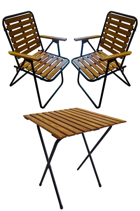 Tedarikcenter Ahşap 50x50 Katlanır Masa + 2 Adet Katlanır Sandalye Kamp Seti Bahçe Balkon Takımı-meşe-cntr00187