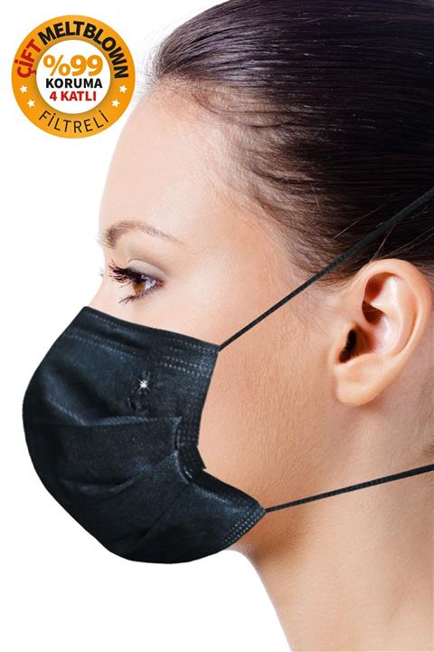 BlueDaisyMask Diamond Black Enseden Lastikli 4 Katlı Çift Meltblown Filtreli 50 Adet Kokusuz Yüz Maskesi