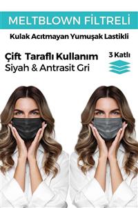 Mutlu Maske Unisex Çift Taraflı Kullanım Siyah Antrasit Gri Renkli 3 Katlı Telli Meltblown Cerrahi Maske 20'li