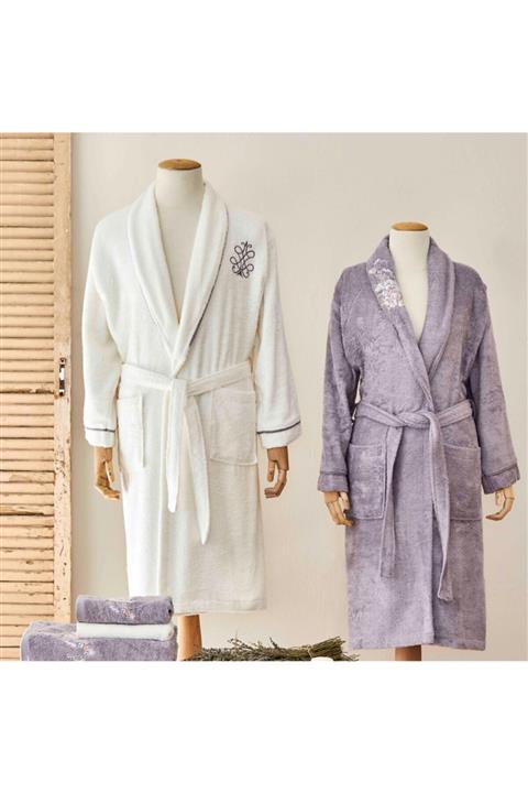 Karaca Home Hemera Lila-offwhite Nakışlı Bambu Aile Banyo Seti