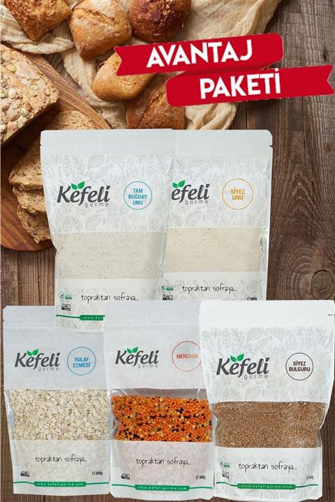 Kefeli Full Tekli Paket Organik Katkısız Siyez Unu + Mercimix + Yulaf Ezmesi + Tam Buğday + Siyez Bulguru