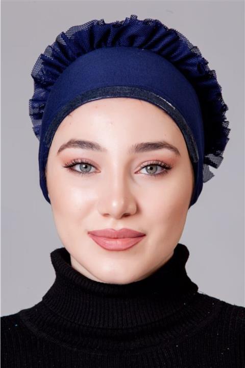 Asafir Kadın Lacivert Likralı Fırfırlı Kaymayan Bone