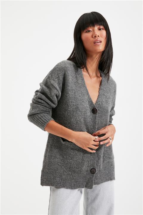 TRENDYOLMİLLA Antrasit Düğme Detaylı Triko Hırka TWOAW20HI0213