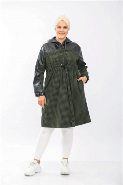 Modakenti Büyük Beden Derili Jakar Kaşe Fermuarlı Kap - Haki