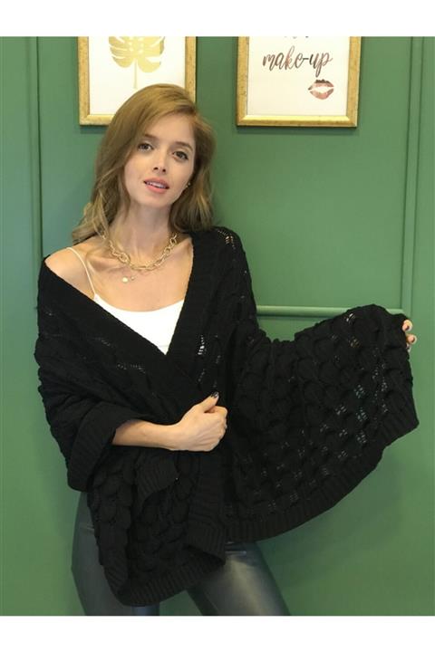 Ocean Ajurlu Siyah Triko Omuz Şalı