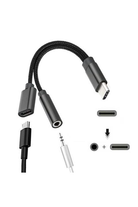 Atabirlik Type C To 3.5mm Stereo Kulaklık + Şarj Çevirici / Dönüştürücü Adaptör Aux Kablosu Şarj Çevirme
