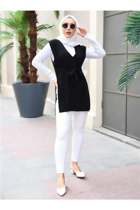 Por La Cara Siyah V Yaka Yırtmaçlı Ve Kemerli Triko Süveter