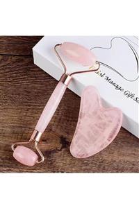 3dproductsale Pembe Kuvars Gua Sha Taşı Masaj Aleti Ve Face Roller 2'li Set 1. Sınıf Özel Kutulu