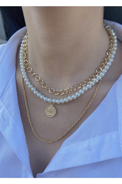 takıtarzım Inci Madalyon Gold Zincir Kombin Kolye