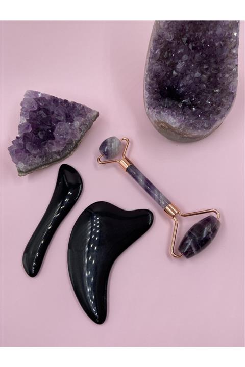 Mucize Taş Ametist Fase Rollaer Ve Oniks Guasha 3'lü  Set
