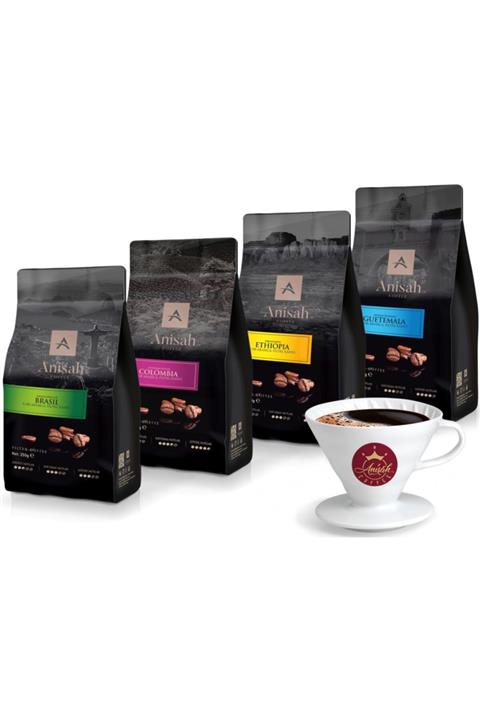 Anisah Coffee Dünya Filtre Kahve Seti 4 X 250 Gram Öğütülmüş – Seramik Demleme Fincanı (v60)