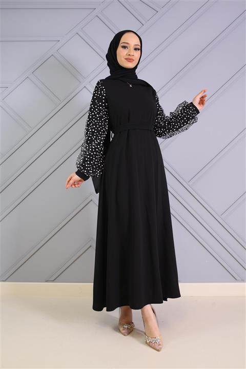 Şule Giyim Kolu Benekli Kemerli Kalem Elbise