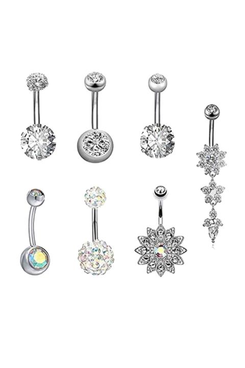 Chavin Kadın 7 Adet Beyaz Taşlı Cerrahi Çelik Göbek Piercing En51