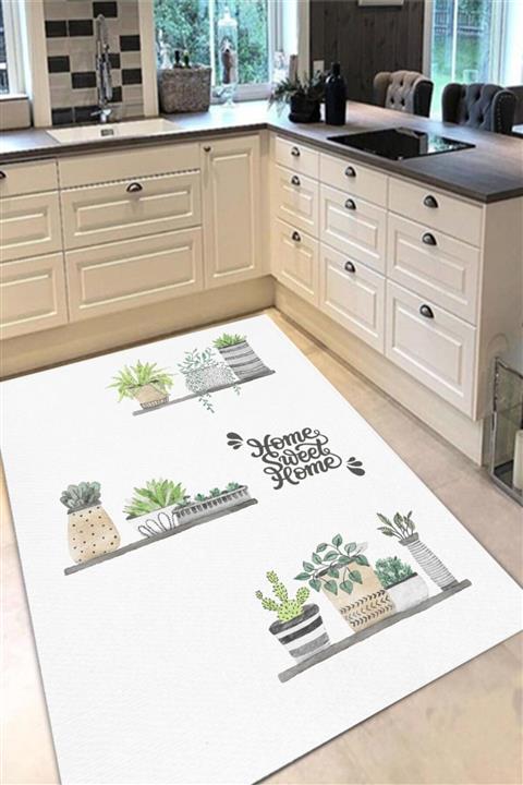 GARDENYA HOME Beyaz Sweet Home Minimal Saksılar Mutfak Halısı