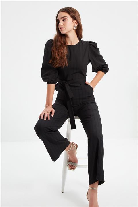 TRENDYOLMİLLA Siyah Kuşaklı Balon Kollu Tulum TWOAW22TU0032