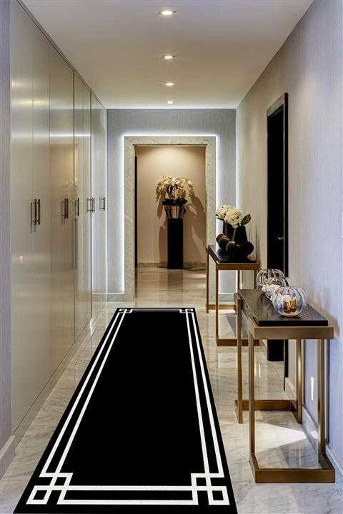 Grey Home Kaymaz Dot Taban Beyaz Modern Köşeli Siyah Salon Halısı Makinada Yıkanabilir Yolluk-gr65