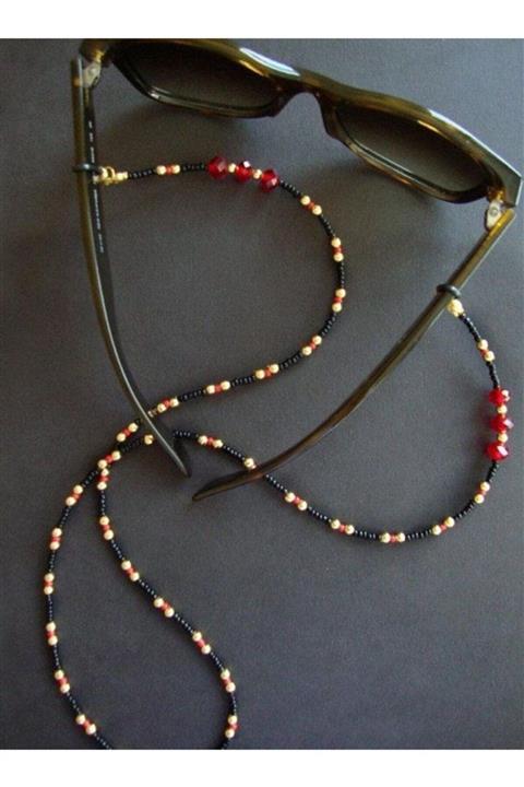 PEARL BEADS Şık Siyah Boncuklu Kristal Detaylı Gözlük & Maske Askısı Ipi Ve Kolye
