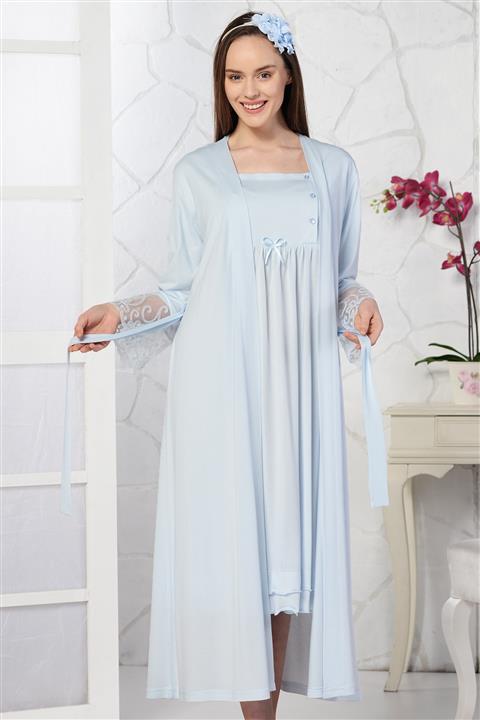 Emose Kadın Lohusa Sabahlıklı Gecelik Takım Mavi