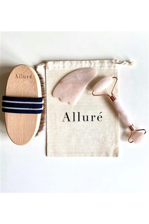 Allure Body Care Doğal At Kılı Fırça, Rose Quartz Face Roller & Gua Sha Bakım Seti