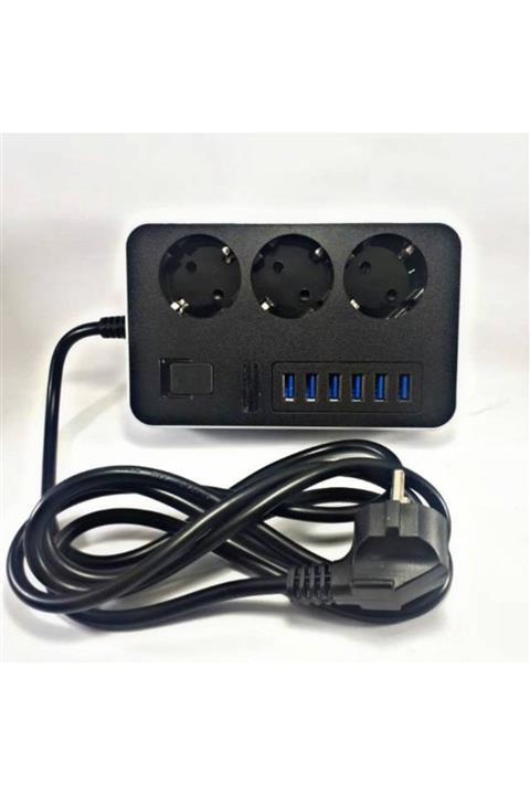 NewBlue Akım Korumalı 6 Usb Li 3 Lü Priz Açma Kapama Anahtarlı 2 Metre Kablo Uzunluğu Çoklu Priz