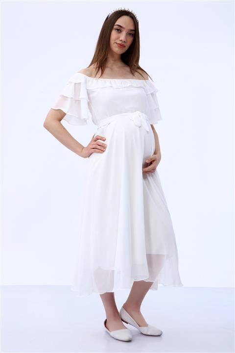 ADASTYLE Carmen Yaka Şifon Beyaz Elbise
