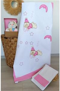 mellowbabystore %100 Pamuk Pembe Uyuyan Ayı Desenli Kalın Biyeli Bebek Pike Takımı