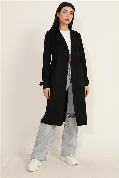 VAPUR TEKSTİL Kadın Siyah Düz Trençkot
