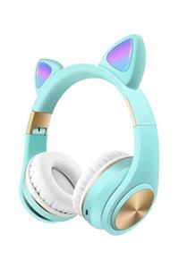 MASTEK Led Işıklı Turkuaz Kedi Kulak Bluetooth 5.0 Wıreless Kulaklık