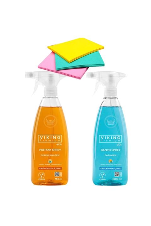 Viking 750ml Premıum Mutfak Sprey Turunç Bahçesi + Banyo Sprey Dağ Nanesi (9'lu Temizlik Bezi Hediye)