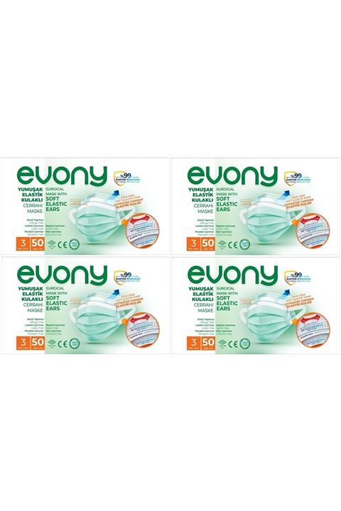 Evony 3 Katlı Filtreli Burun Telli Cerrahi Maske 200 Lü Set (yumuşak Elastik Kulaklı)