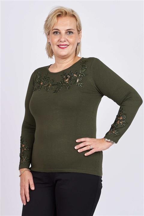 Flaş Triko Kadın Haki Renk Gül Nakış Detaylı Kazak