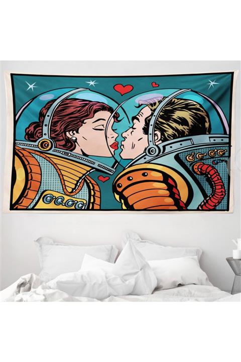 Rengirenk Aşk Mikrofiber Geniş Duvar Halısı Romantik Astronotlar