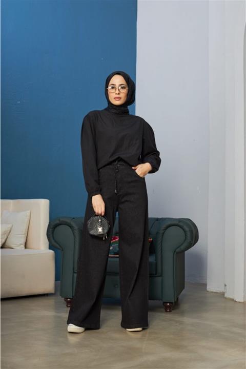 Neways Belden Bağcıklı Koyu Siyah Pantolon 1123