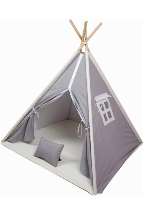 miniks Gri Pamuklu Ahşap Çocuk Oyun Çadırı Evi Kızılderili Çadır