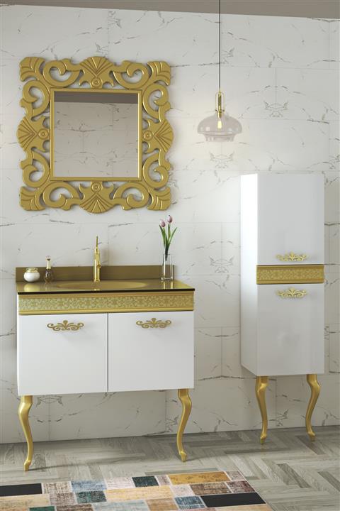 Alfa Banyo Gold Beyaz (80+35) 115 Cm Boy Dolaplı Cam Lavabolu Lüx Banyo Takımı