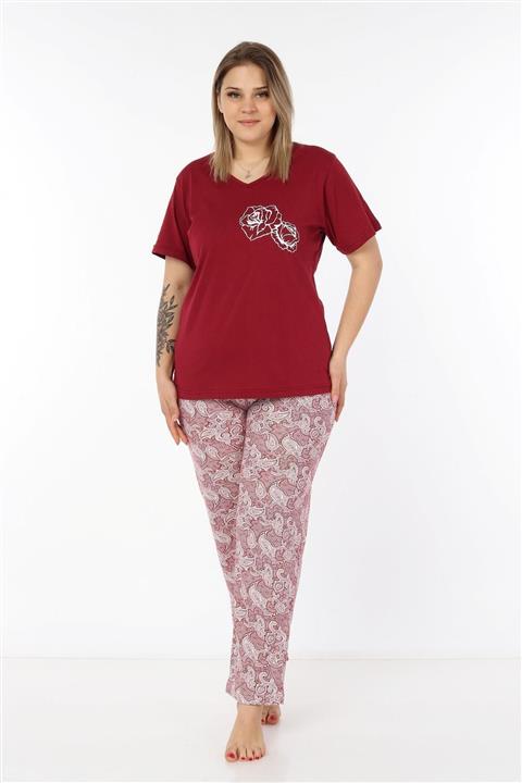 tarzimsuper Kadın Büyük Beden Bordo Gül Baskılı Yuvarlak Yaka Pijama Takımı