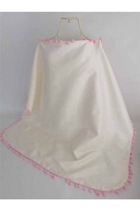 tasarımcı anne Emzirme Önlüğü Ponponlu Çift Kat Krem Rengi Poplin