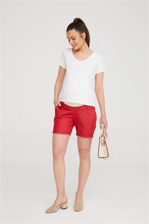VAVIEN Kadın Chino Kırmızı Denim Hamile Şort