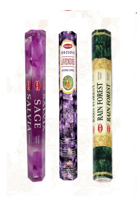buhana Tütsü Hem 3'lü Set 60 Adet Adaçayı,lavanta,yağmur Ormanı Aromalı Çubuk Sage,levander,rain Forest