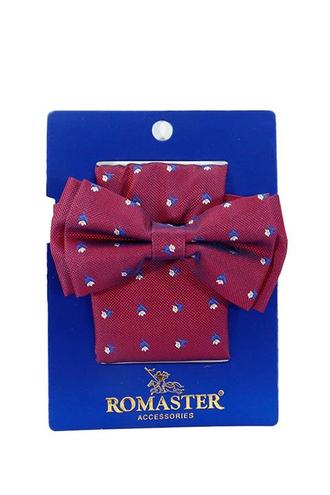 ROMASTER Bordo Renk Çiçek Desenli Mendilli Papyon