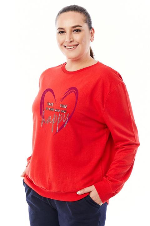Siyezen Büyük Beden Kalp Baskılı Oversize Kırmzı Sweatshirt