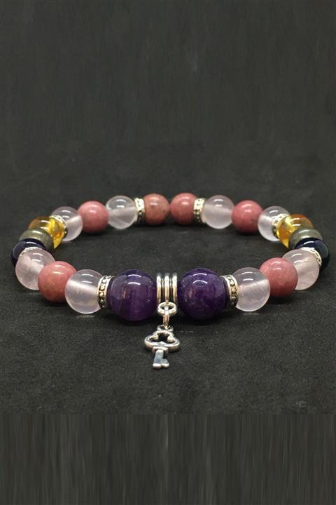 Kamus Ametist & Pembe Kuvars & Rodonit Taşı Bileklik Karma