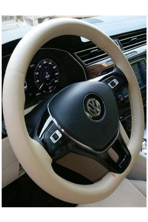 gürlerotoaksesuar Dikmeli Deri Direksiyon Kılıfı Soft Esnek Kokusuz Standart Bej Renk