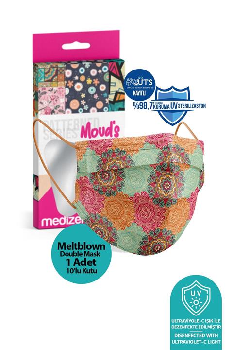 Medizer 10'lu 1 Kutu Mandala Desenli Meltblown Ultrasonik 3 Katlı Cerrahi Maske - Burun Telli