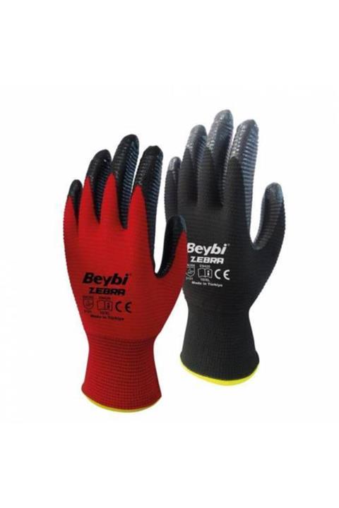 Beybi Nitril Poly Pnzebra 10 Beden Kırmızı Siyah Eldiven 12li Paket
