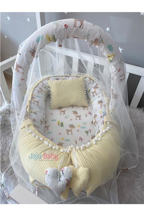 Jaju Baby Sarı Wafle Pike Kumaş Ceylan Tasarım Ponponlu Babynest Oyuncak Aparat Ve Tül Set