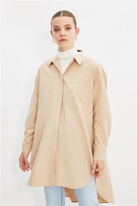 Trendyol Modest Bej Gömlek Yaka Tunik TCTAW22UK0029