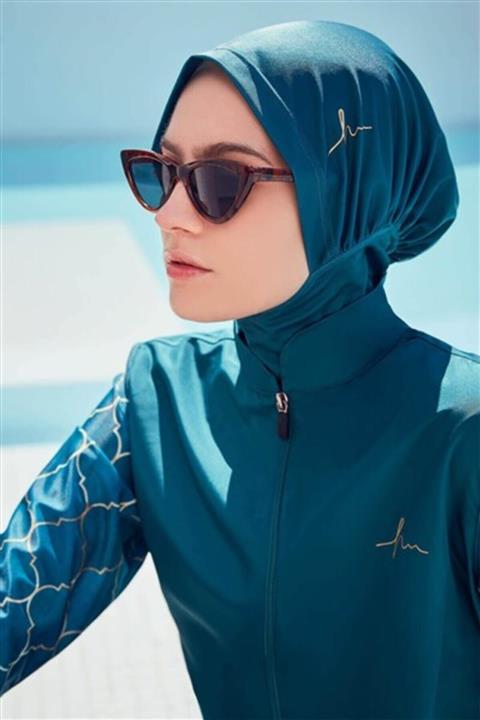 Haşema Altın Rengi Çizgili Yeşil Tesettür Mayo