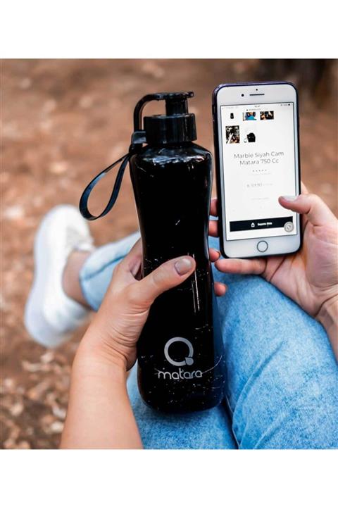 Qmatara Marble Siyah Cam Matara Sport Kapak 750 Cc