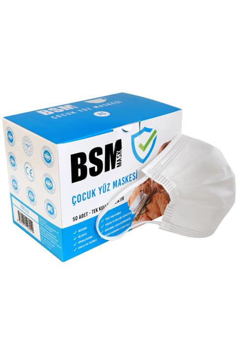 BSM Beyaz Yassı Lastikli 3 Katlı Cerrahi Meltblown Çocuk Maskesi Toplam 50 Adet